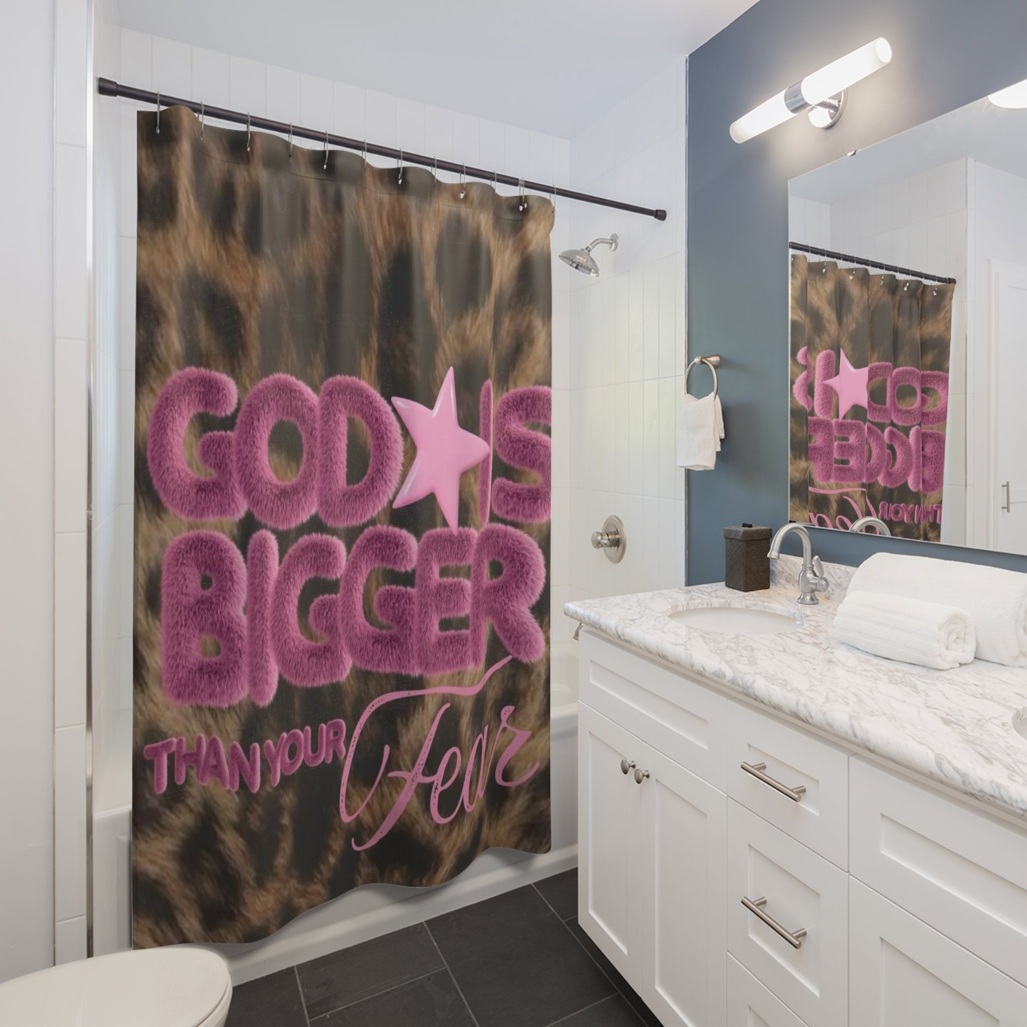 God Is Bigger Than Your Fear Leopard Shower Curtain