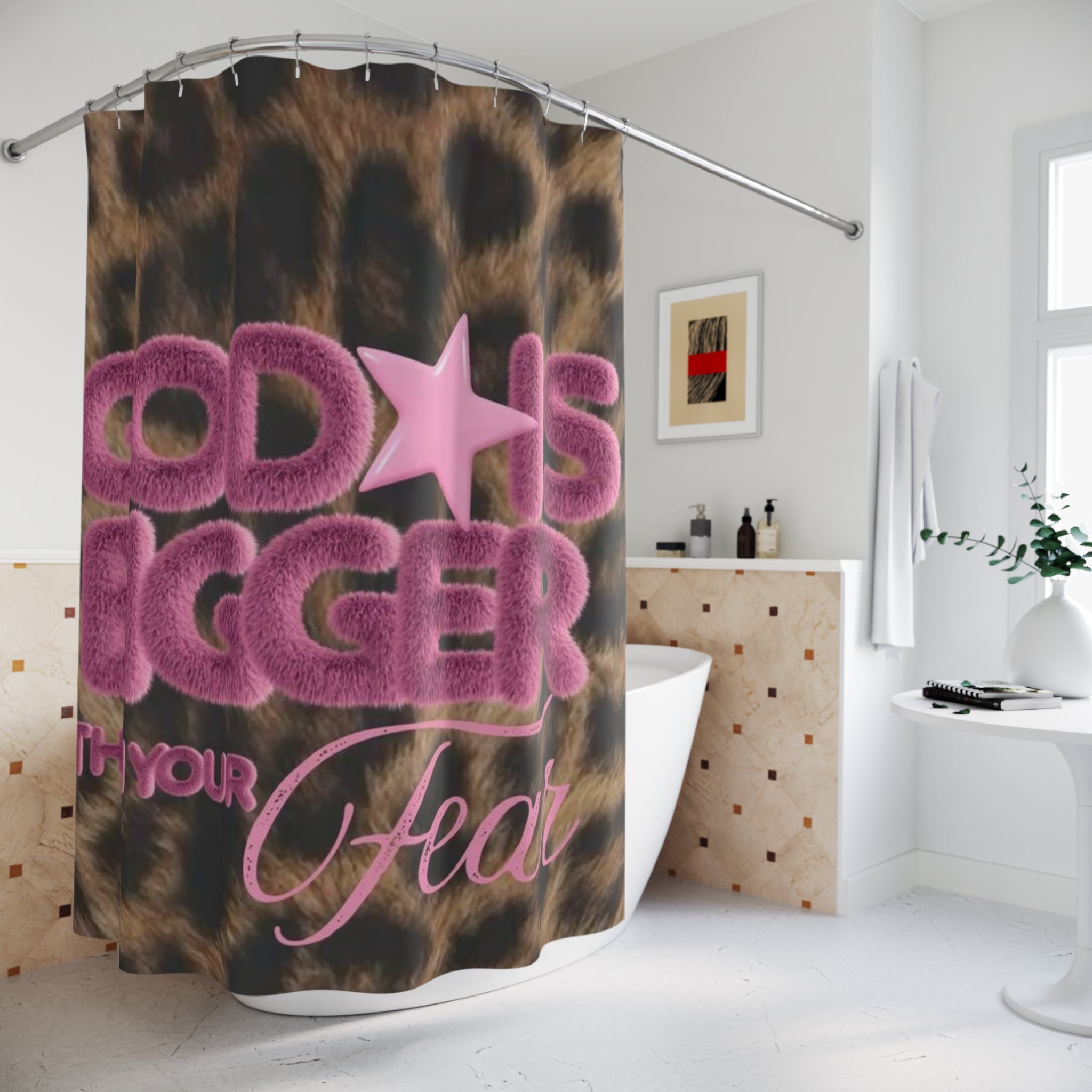 God Is Bigger Than Your Fear Leopard Shower Curtain